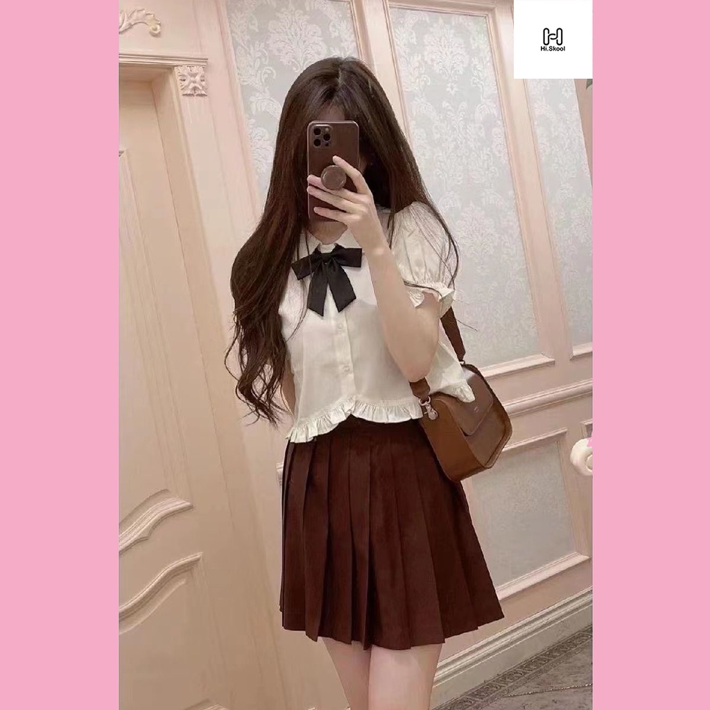 Áo sơ mi học sinh ngắn tay cổ bèo/ Áo trắng cài cúc dáng lửng tay bồng dễ thương H0155