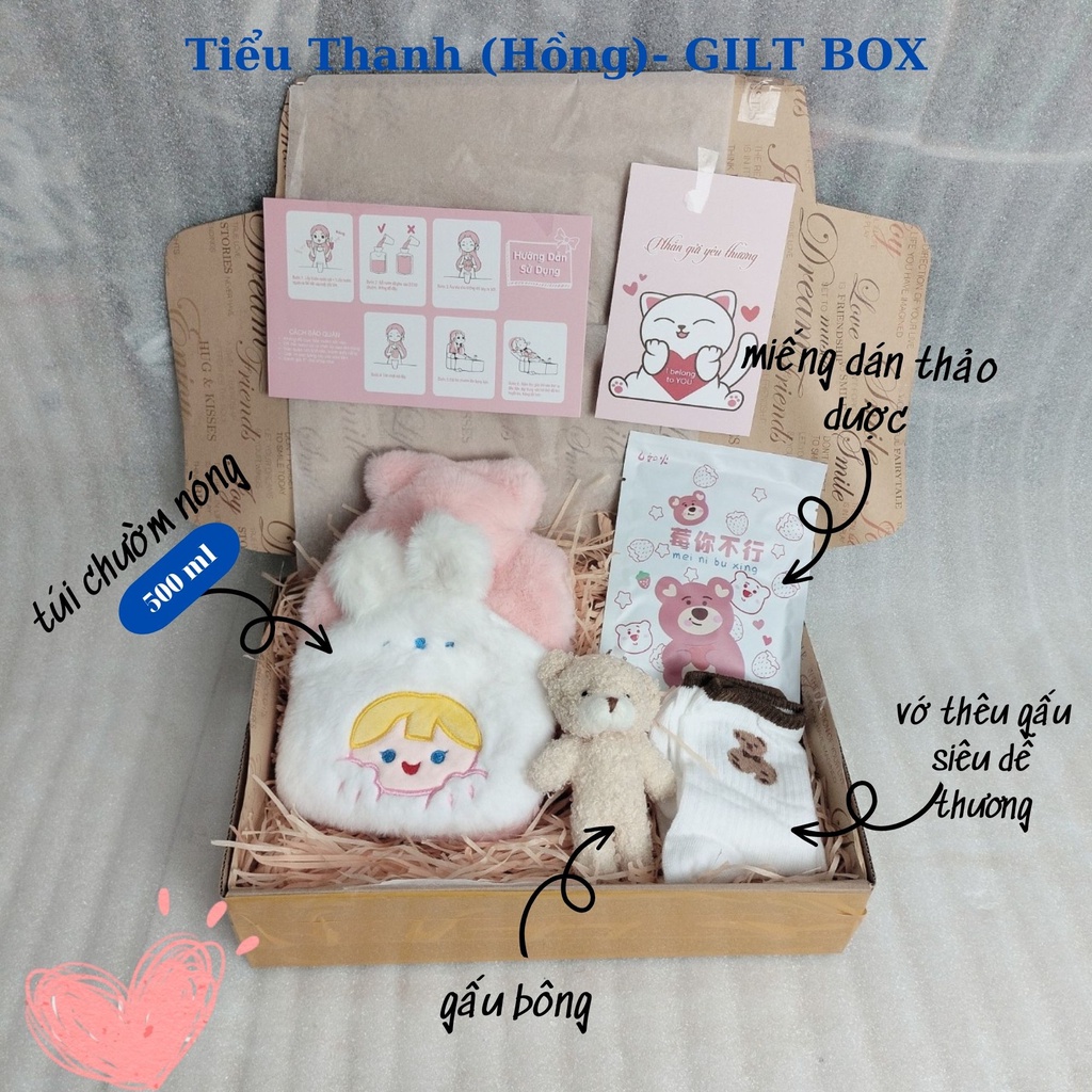 Box quà tặng bạn gái combo 5 món túi chườm nóng 500ml nhung mềm dễ thương