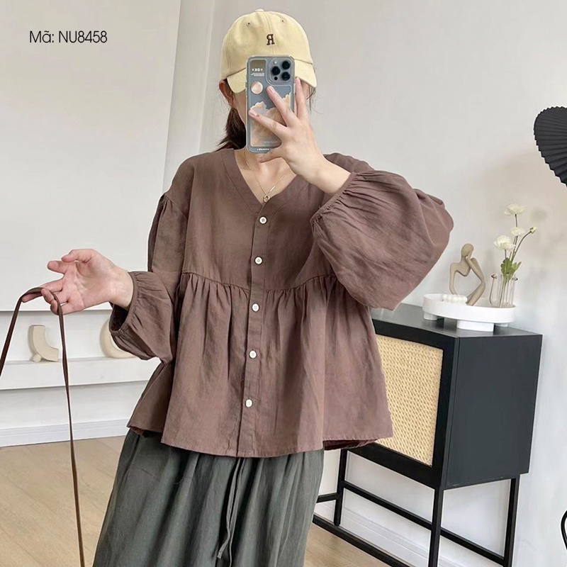 Áo sơ mi KAMAKA linen dài tay cổ V kiểu bo tay - NU8458