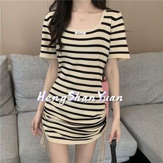 Đầm Tay Ngắn Cổ Tròn Thiết Kế Mỏng Màu Sắc Tương Phản Thời Trang Dành Cho Nữ