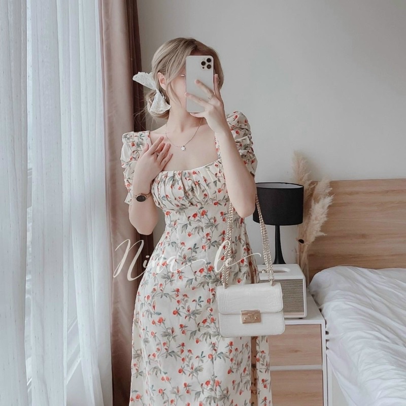 Váy lụa hoa nhí xếp ly ngực ( có mút )