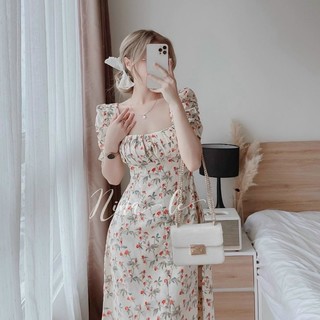 Váy lụa hoa nhí xếp ly ngực