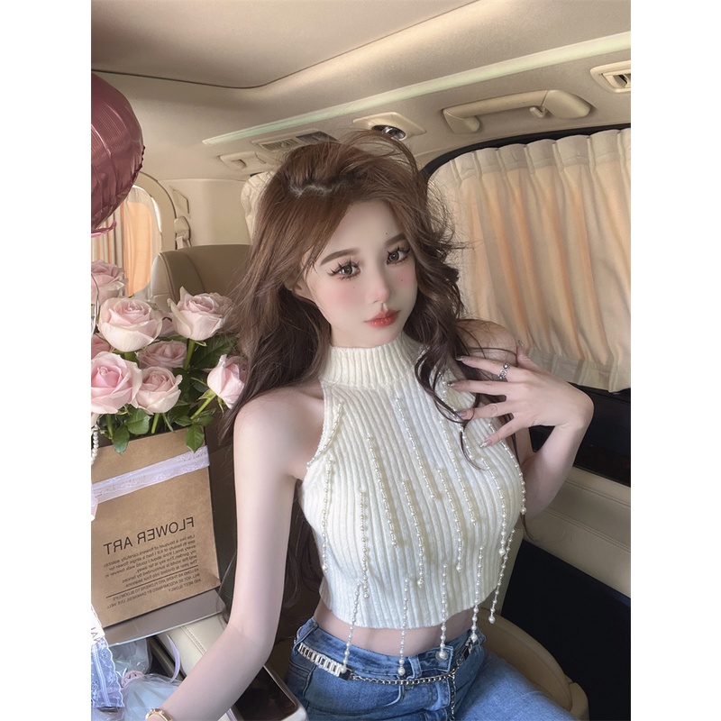 QADCOL Áo Dệt Kim Sát Nách Phối Dây Xích Đính Hạt Ngọc Trai Thời Trang Xuân Hè Cho Nữ