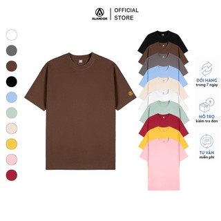 Áo thun tay lỡ Alandor form rộng unisex mẫu basic in logo nổi tay áo