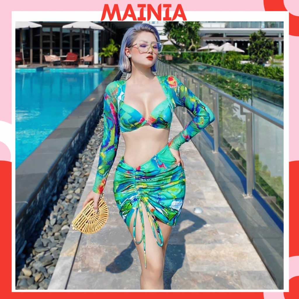 ĐỒ BƠI ĐI BIỂN, SÉT 3 MÓN BIKINI ÁO TAY DÀI CÚP NGỰC VÁY RÚT HÔNG Loang Xanh Mainia Shop BKN001