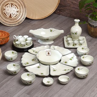 Bộ Bát Đĩa Hoa Mặt Trời men kem chỉ xanh hoa văn đài sen,Bộ bát đĩa cúng tết Gốm Bát Tràng, nhiều mẫu mã set 7-32 món