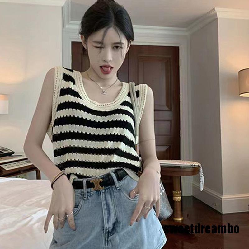 Áo Tank Top Dệt Kim Sát Nách Dáng Rộng Hoạ Tiết Kẻ Sọc Thời Trang Mùa Hè Cho Nữ