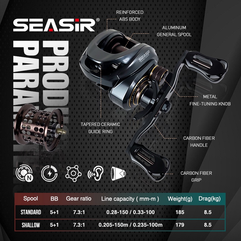 Seasir Guồng Quay Cần Câu Cá Kép 179g Bằng Carbon Siêu Nhẹ Và Tay Cầm Chính Bằng Đồng Thau
