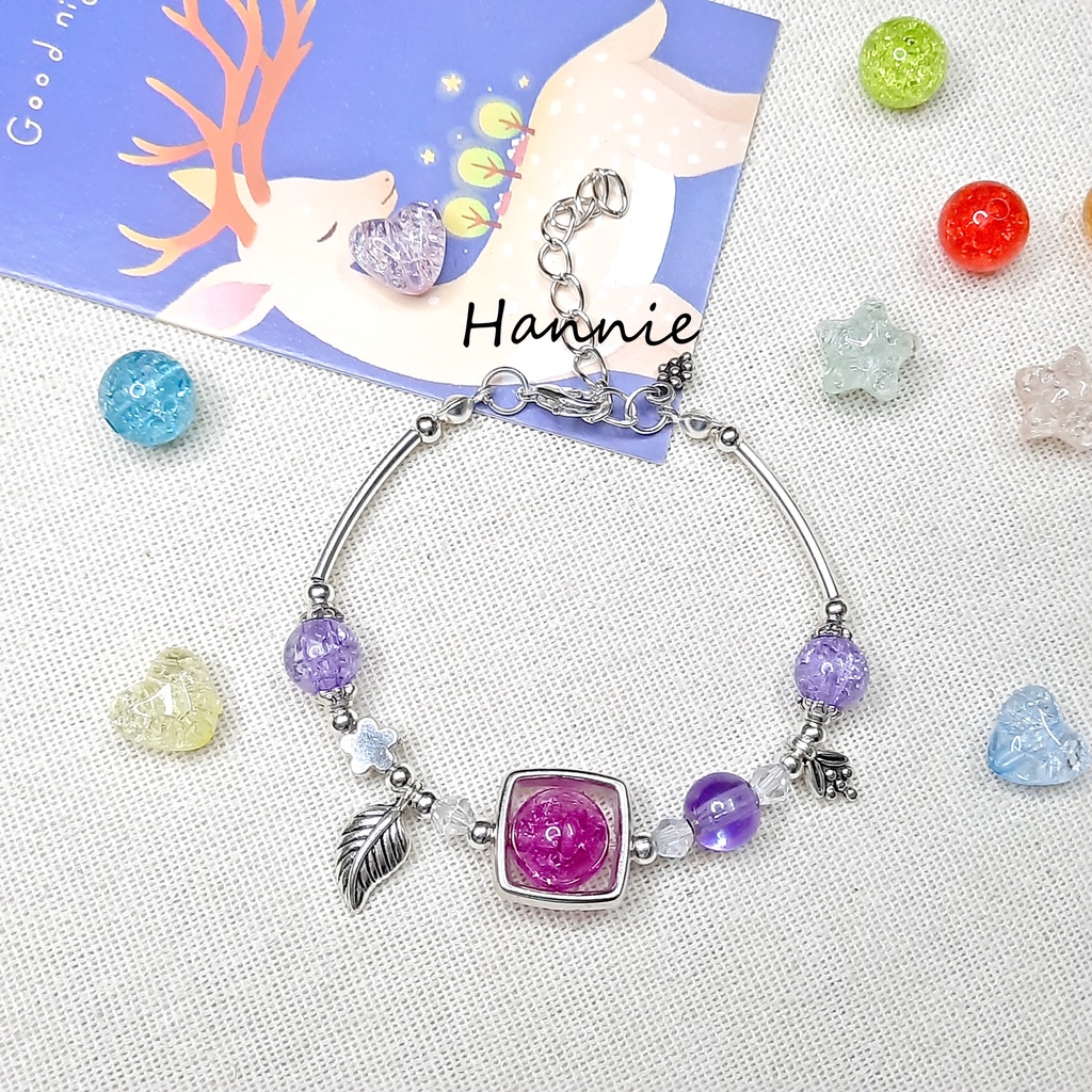 (Đỏ/Hồng/Cam/Vàng/Xanh lá/Xanh biển/Tím) Vòng tay charm kim loại bi bạc mix đá tuyết - Dây đeo tay nam nữ handmade