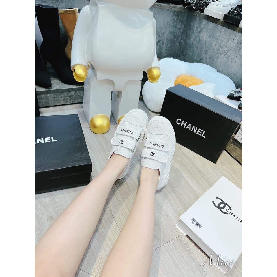 Giày thể thao nữ quai dán màu trắng chữ logo C C Nguyên hộp hãng cao cấp
