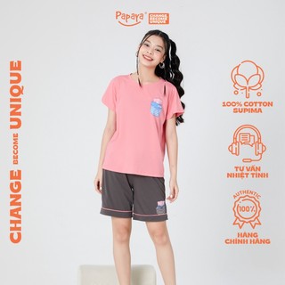 Set bộ mặc nhà bộ ngủ cộc chất liệu cotton thương hiệu Papaya dễ thương cho bé gái size từ 11-15 Tuổi