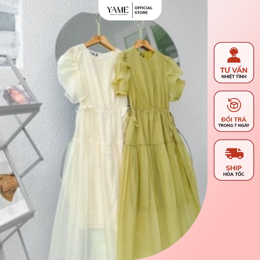 Váy tiểu thư tay bồng chất tơ hai màu kem, xanh cốm đi làm đi chơi VNS04 YAME