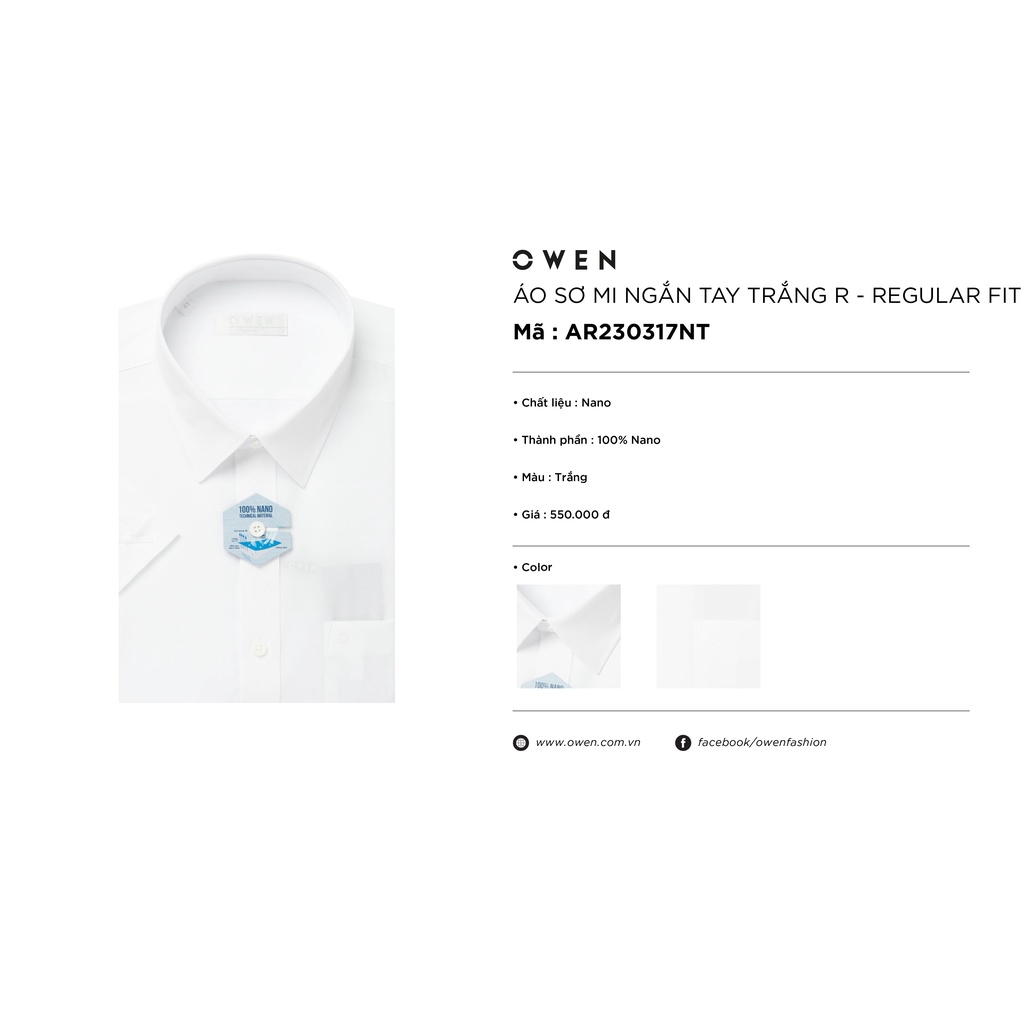 Áo sơ mi trắng owen ngắn tay có túi vải nano regular fit tà lượn AR230317NT và body fit tà bằng AB230320NT