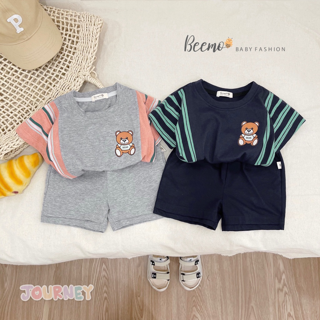 Set bộ quần áo Beemo in gấu phối thân kẻ mặc hè chất liệu cotton co giãn, thấm hút mồ hôi cho bé từ 1 - 7 tuổi 22388B