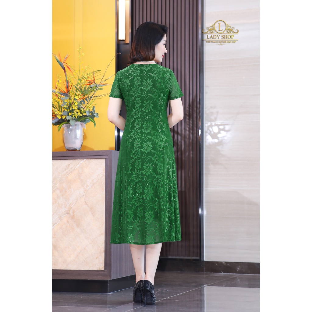 Đầm ren hoa ly cổ uốn rắc nhũ Ladyshop thời trang trung niên cao cấp T119