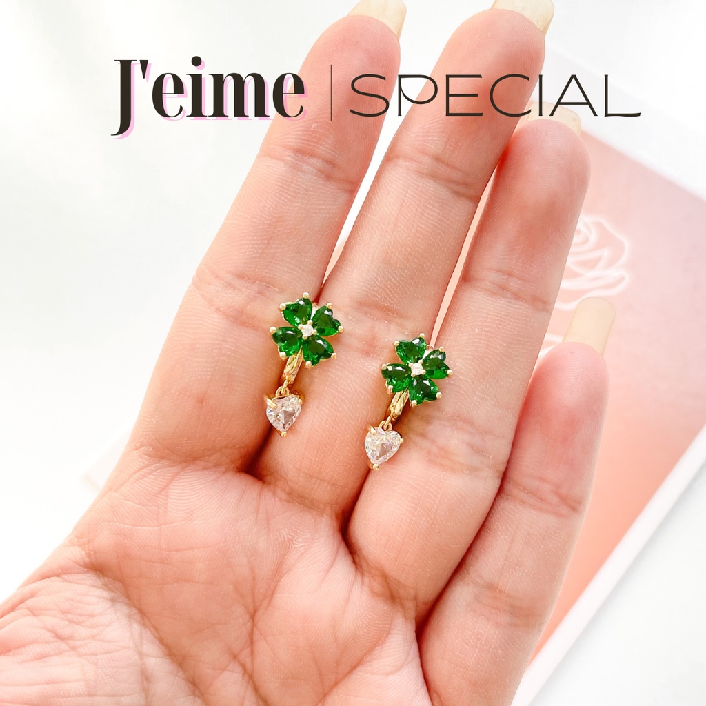 Khuyên tai chuôi bạc 925 cỏ 4 lá đính đá Feuilles, bông tai nữ tính dịu dàng J'eime