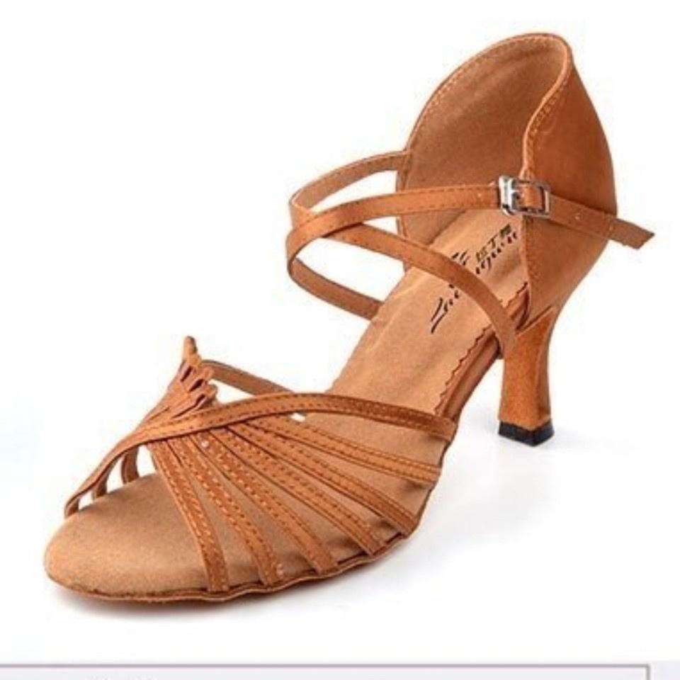 Giày khiêu vũ latin quai xếp đế da mềm cao cấp-gót 5 phân-7 phân