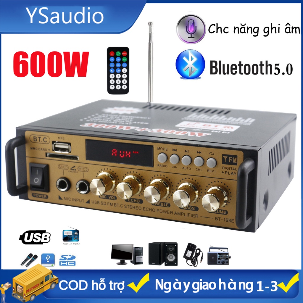 【Việt Nam gửi】Bluetooth Amply karaoke BT198B-B - Âm ly mini，Ghi Âm BT198B-B Cao Cấp, Amply mini xe hơi đa chức năng