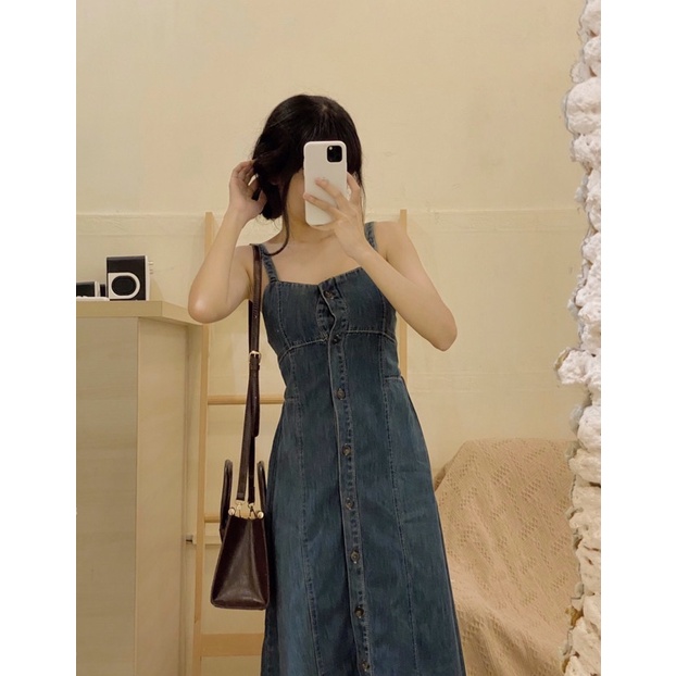 Đầm jean hai dây dáng dài dáng chữ a - D242
