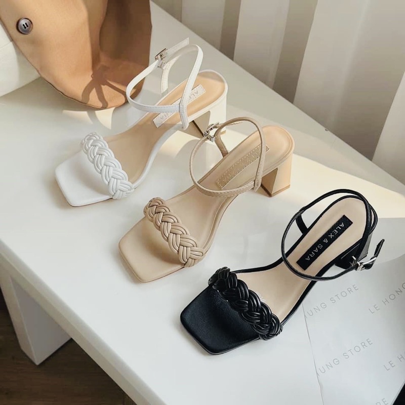 Giày Cao Gót Sandal Gót Vuông Quai Thắt Bím