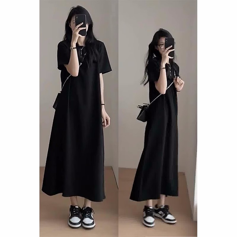 Đầm maxi XIAOZHAINV tay ngắn dáng rộng cổ tròn thời trang Hàn Quốc xinh xắn cho nữ