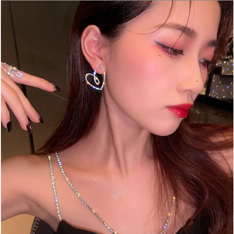 Bông tai nữ hoa tai kim bạc trái tim đính đá lấp lánh phong cách cá tính