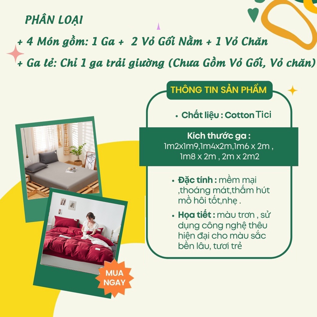 Bộ Chăn Ga Gối Cotton Tici 4 Món, Drap Giường Một Màu Trơn - Ga Trải Nệm Bốn Mùa | BigBuy360 - bigbuy360.vn