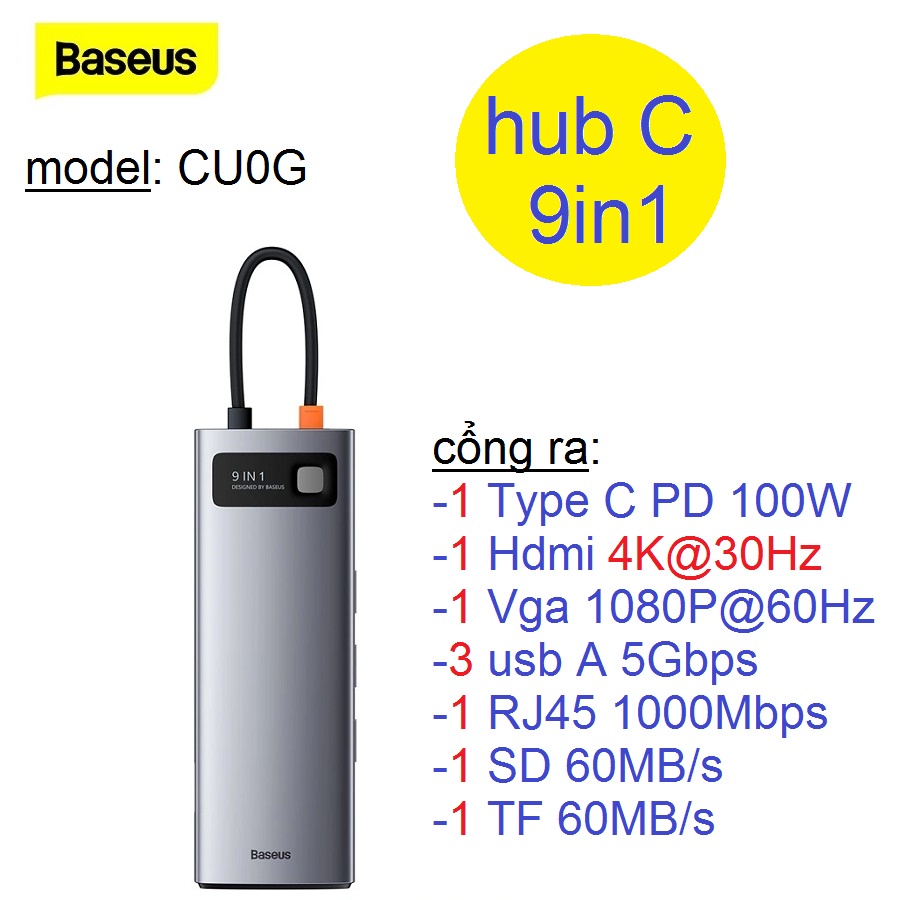 Hub type c Baseus 9in1 Metal Gleam Series CV0G