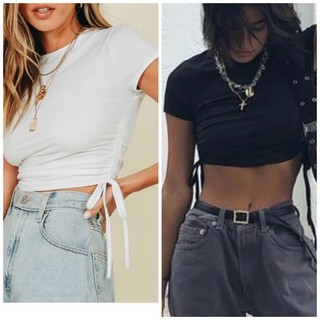Áo thun nữ croptop tay ngắn rút dây hai bên OGBABE xuất dư 0093