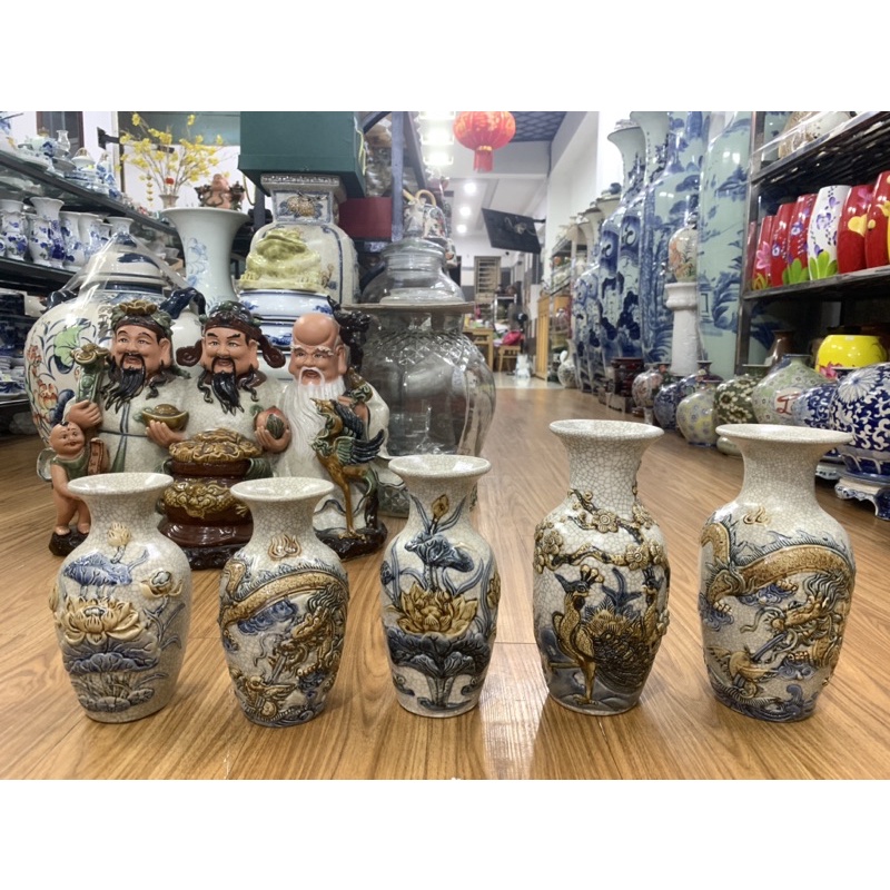 Lọ rạn, Bình rạn cổ hoạ tiết Rồng-Sen-Công Đào đắp nổi đầy đủ size từ 20cm-50cm Bát Tràng chính hãng việt nam