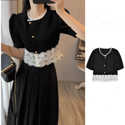 Set Váy Tiểu Thư, Váy Phối Ren Trắng, Sét Áo Phối Ren Chân Váy Dài Che Khuyết Điểm, Retro, mã L8
