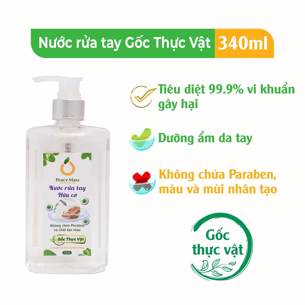 Nước Rửa Tay Gốc Thực Vật Peace Mass An Toàn Cho Da Nhạy Cảm Tác Dụng Diệt Khuẩn 340ml