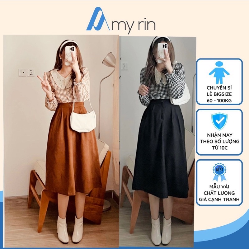 Chân váy form A nhung tăm màu đen và nâu bò bigsize 65-100kg