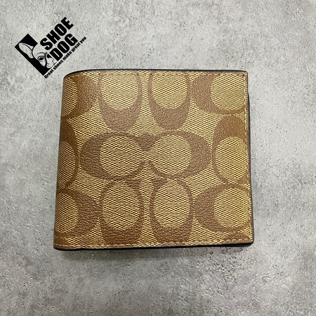 Bóp ví ngắn hàng hiệu nam nữ Coach gập đôi có tặng kèm card holder mono be