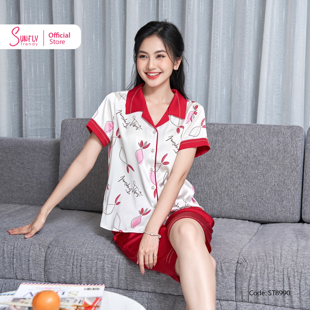 Bộ Đồ Mặc Nhà Nữ Pyjamas Lụa SUNFLY Áo Cộc Quần Ngố ST8990