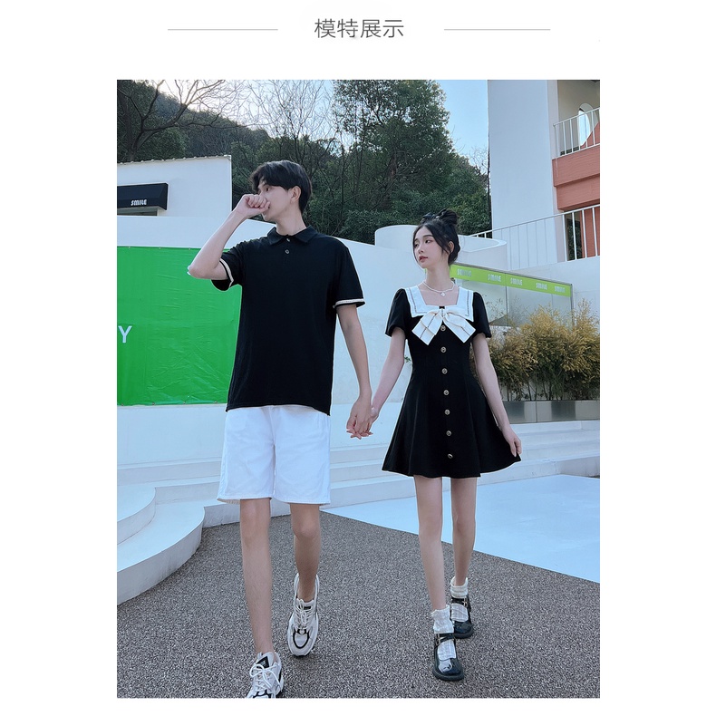 SET ĐỒ ĐÔI TÌNH NHÂN VÁY ĐẦM KIỂU NỮ VÀ ÁO THUN CỔ POLO NAM MÀU ĐEN