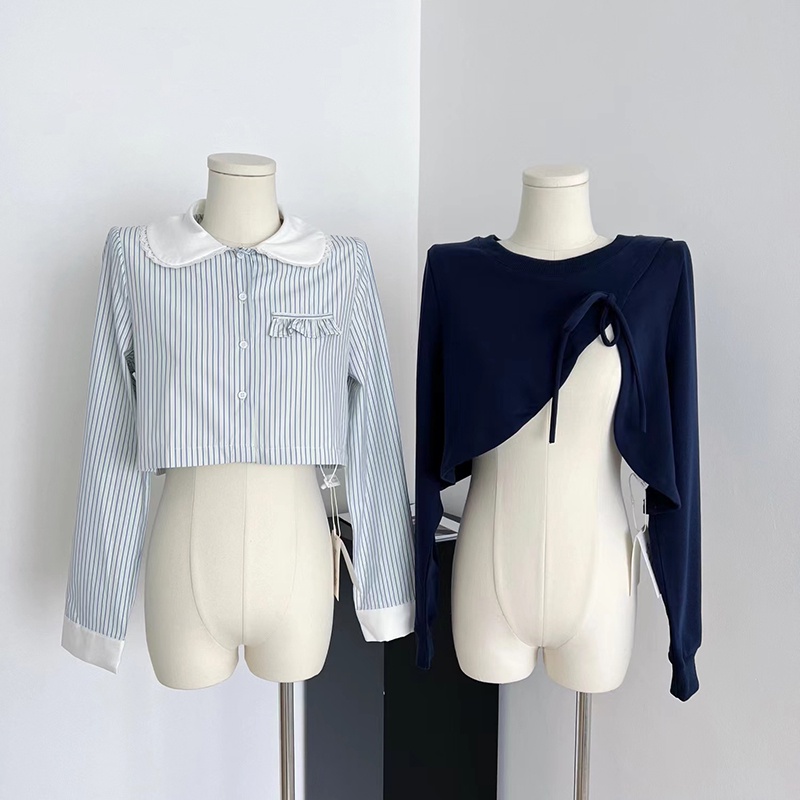 Áo Sơ Mi Croptop Dài Tay Cổ Bèo Viền Ren Phối Nắp Túi Ngực Sơ Mi Kẻ Ulzzang Thời Trang Sugal TOP NU 069