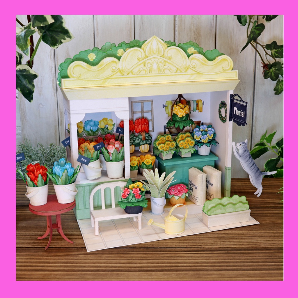 Mô hình handmade bằng giấy - Cửa hàng hoa (Flower shop - Papercraf) (Tặng kèm 1 tấm decal "money chibi")