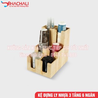 Khay Đựng Ly, Kệ Đựng Ly Nhựa, Cốc Giấy Trà Sữa 2 Tầng 6 Ngăn - Gỗ Tự Nhiên Cao Cấp