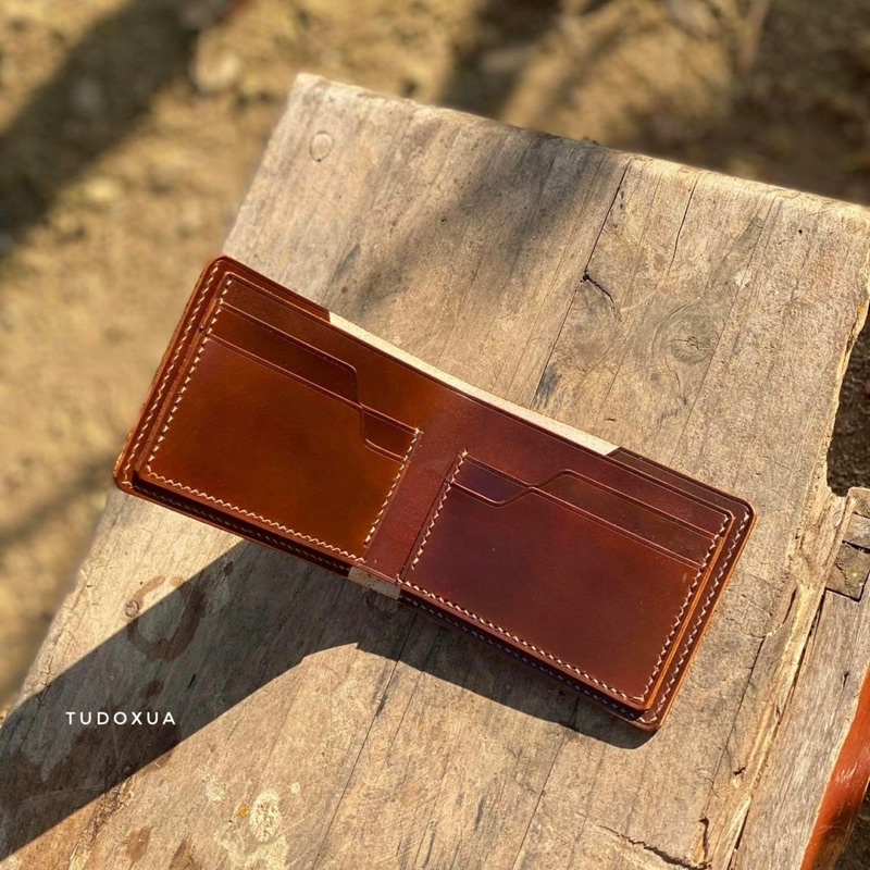 Ví da ngang khắc tên TUDOXUA chất liệu da veg Ý, tặng kèm móc khóa da