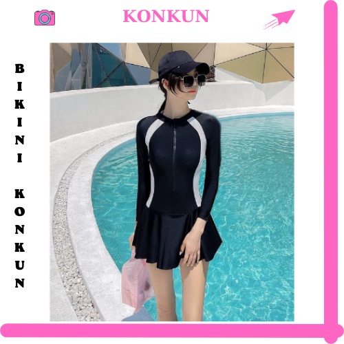 Đồ bơi nữ bikini liền thân khoá kéo dáng váy duyên dáng KONKUN MS126 | BigBuy360 - bigbuy360.vn