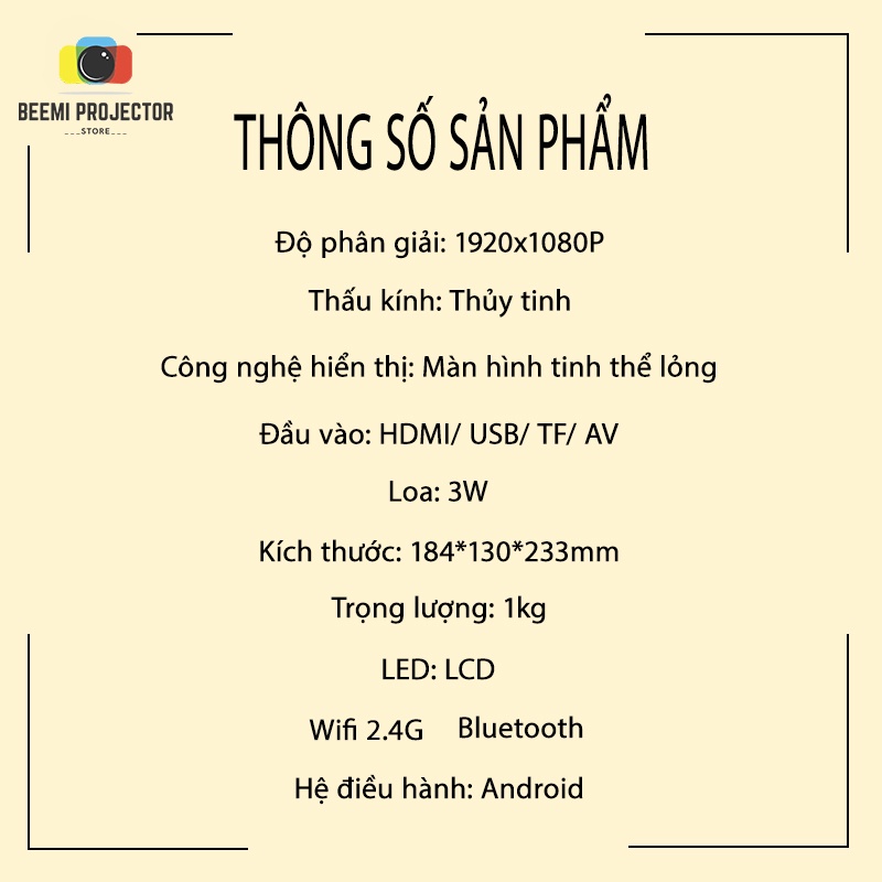 Máy Chiếu Mini Beemi X7 Full HD 1080P Kết Nối Wifi USB Hệ Điều Hành Android Bảo Hành 6 Tháng D9