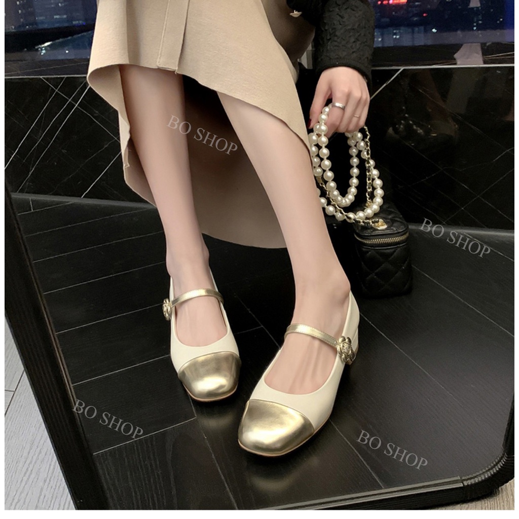 Giày búp bê nữ 3 cm mũi tròn mạ vàng kim gót vuông dây quai cài mạ mix hai màu sang trọng cá tính BO SHOP
