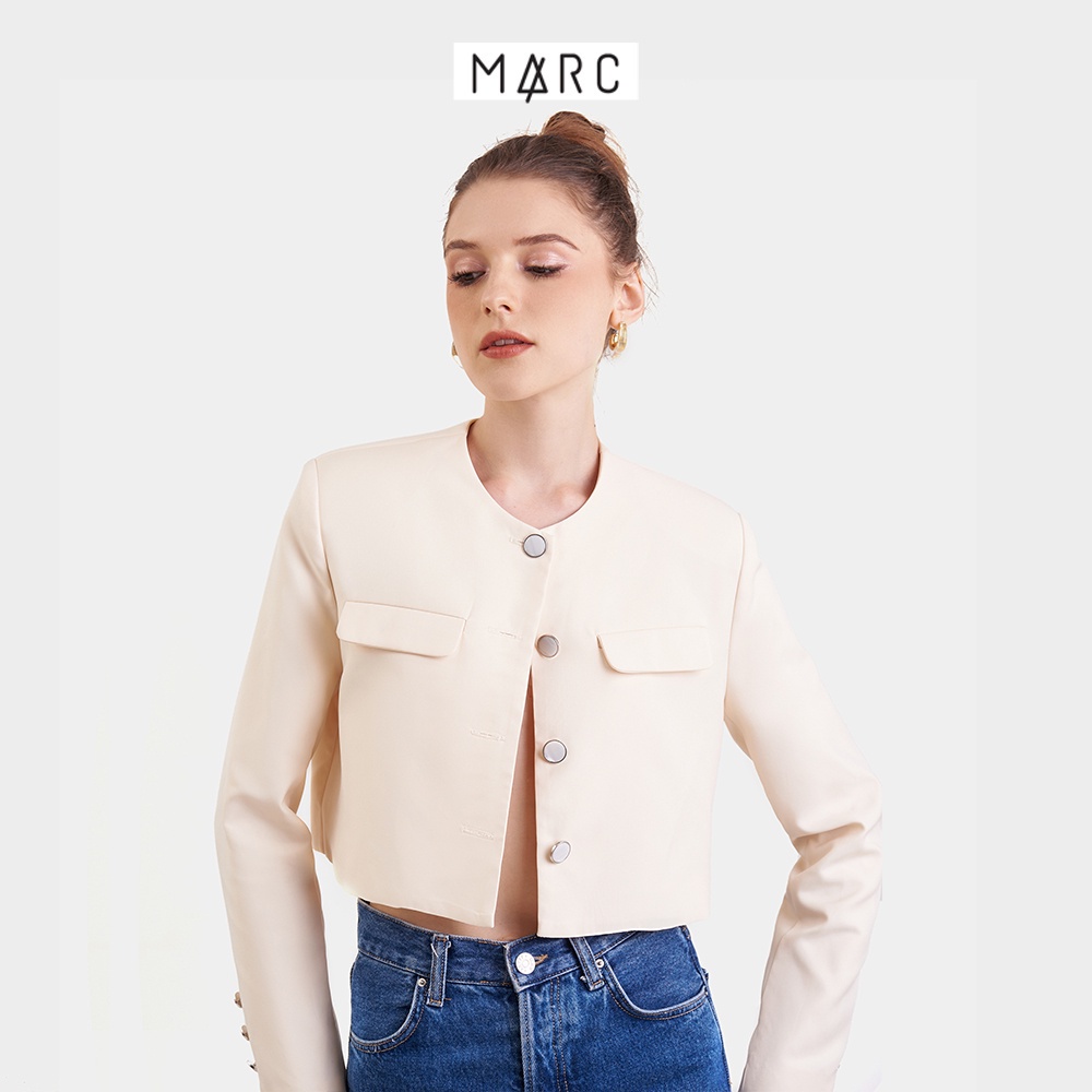 Áo khoác form ngắn tay dài nữ MARC FASHION cổ tròn túi giả đính nút CBNH023223