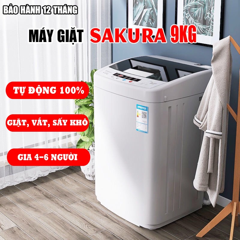 Máy giặt gia đình SAKURA 9kg Tự động 100%, giặt, vắt, sấy - Có thể giặt chăn, bảo hành 24 tháng
