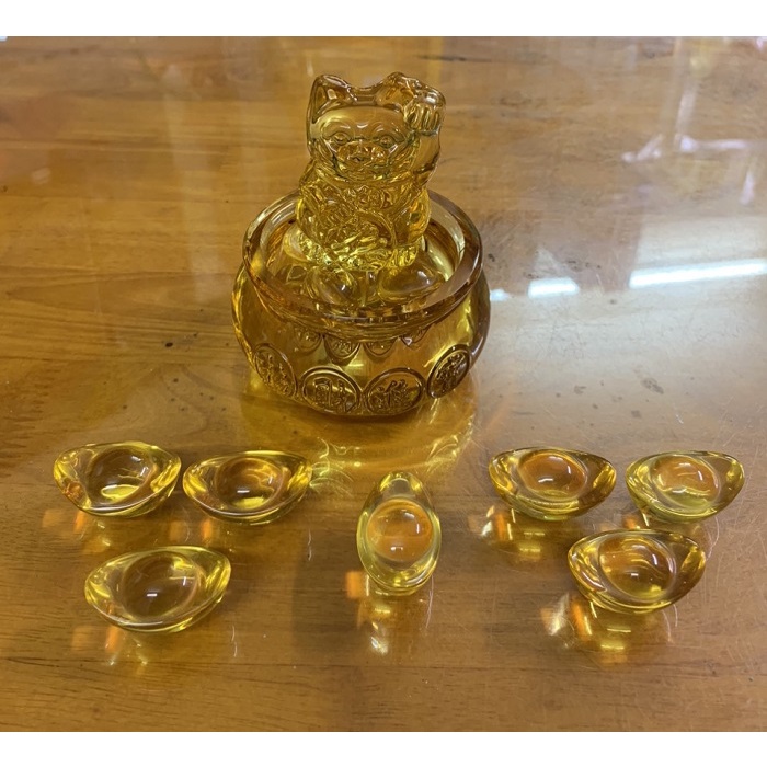 Hũ vàng bát tụ bảo bồn thần tài 10cm + 7 thỏi vàng 4cm + Tượng mèo 7cm, phong thủy chiêu tài lộc