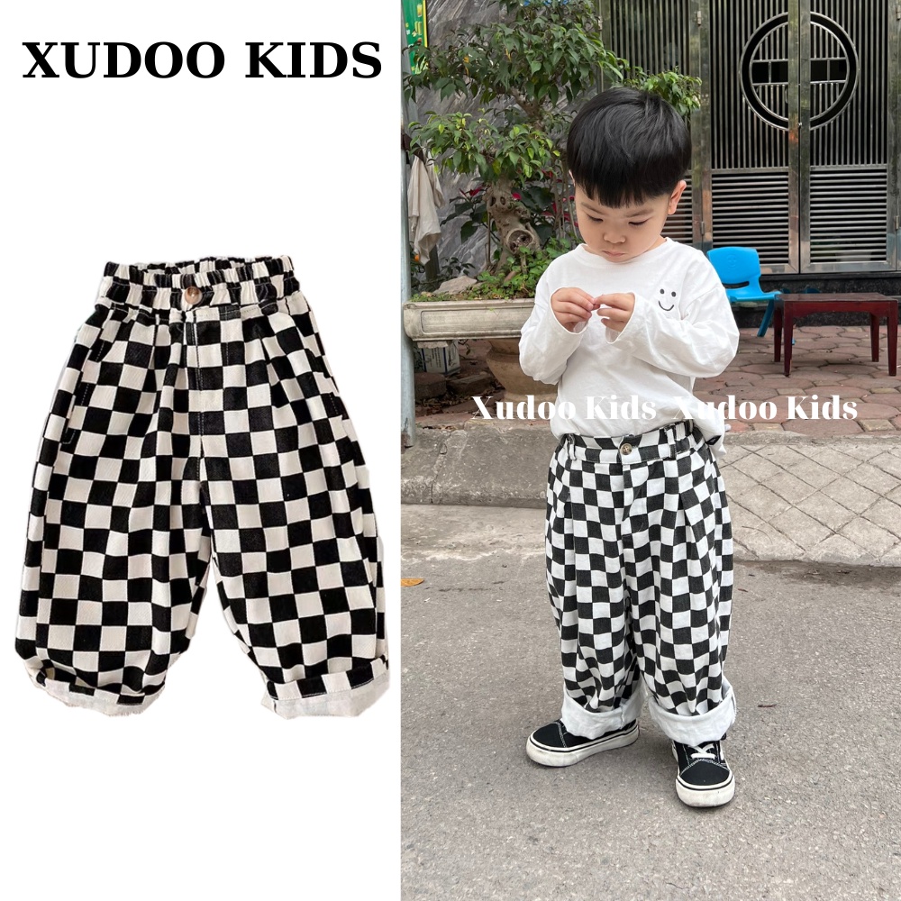 Quần dài dáng ống rộng sọc Caro Trắng Đen cho bé Trai/bé Gái, chất cotton mềm mại, phong cách Hàn Quốc - XUDOO KIDS