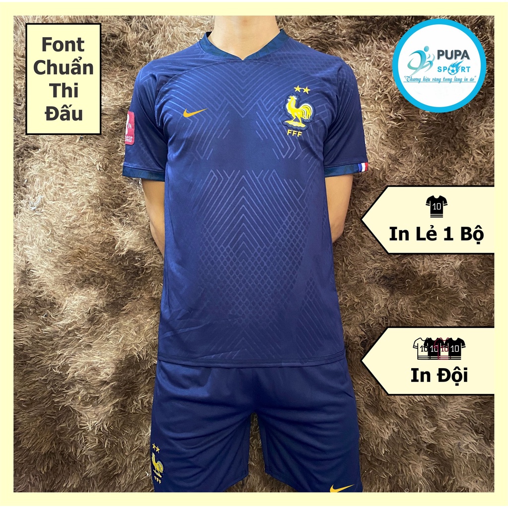 áo bóng đá tuyển Pháp WC2022 thun Việt- Xanh dương tay thân áo 1 màu, in tên số theo yêu cầu, full logo chuẩn thi đấu.