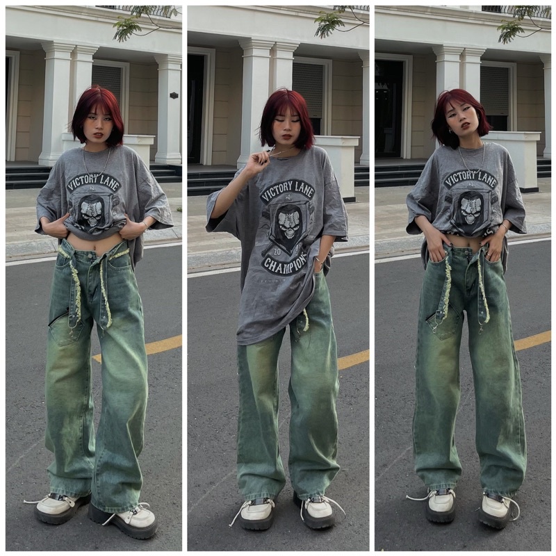 Quần jeans MỘT TÚI XÉO kèm dây đai khoá dành cho nữ