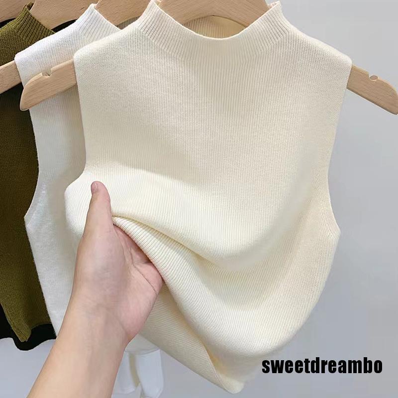 Áo Tank Top Dệt Kim Cổ Lọ Màu Trơn Thời Trang Mùa Hè Cho Nữ